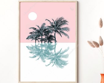 Tropical Palm Tree Print, Pastel Pink Decor for Living Room, Digital Art Download, California Wall Art, Housewarming Gift First Home