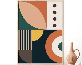 Può includere: Stampa d'arte geometrica astratta con sfondo nero, con forme di pesca, giallo, verde e arancione. La stampa è incorniciata in una cornice di legno chiaro.