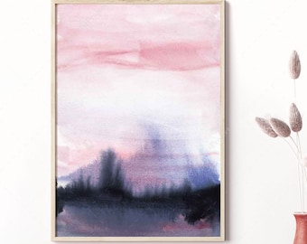 Blue Pink Watercolor Abstract Art Print: Forest Landscape (Digital Download)