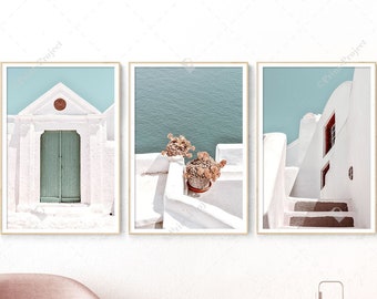 Santorini Wall Art Set: Greek Architecture, Mint Green & Pink (Digital Download)