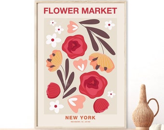 Flower Market New York, Orange and Pink Wall Art, Retro Flower Poster, Digital Download, Girls Room Decor, Flower Market Print