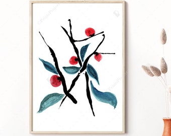 Modern Japanese Art, Watercolor Leaves Print, Minimalist Painting, Digital Download, Bedroom Wall Decor