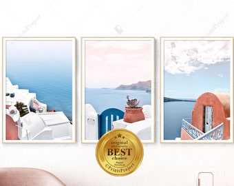 Santorini Print Set of 3, Travel Greece Photography, Pink and Blue, Architecture Poster, Above Couch Decor
