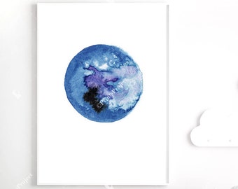 Blue Moon Watercolor Painting, Nursery Minimalist Decor, Baby Boy Gift, Digital Download