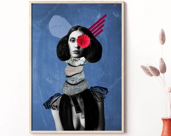 Blue Surrealist Collage Art Print: Modern Dorm Decor (Digital Download)