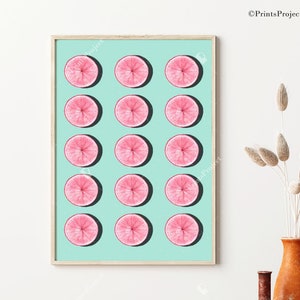 Pink Grapefruit Print: Blue Kitchen Wall Art (Digital Download)