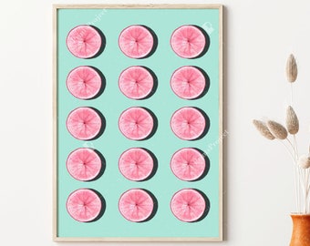 Pink Grapefruit Print: Blue Kitchen Wall Art (Digital Download)