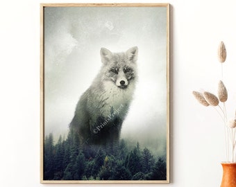 Fox Print, Green Decor, Forest Animals, Double Exposure, Nature Lover Gift, Woodland Nursery, Rustic Home Decor, Downloadable Prints