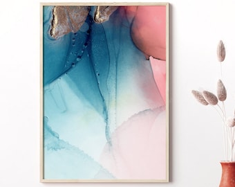 Blue Pink Abstract Watercolor Print: Rose Gold Ink Artwork (Digital Download)