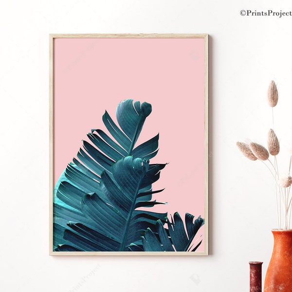 Banana Leaf Print, Palm Leaf Poster, Botanical Wall Art, Blue Pink Printable Art, Tropical Plant, Digital Download, Contemporary Art, Decor