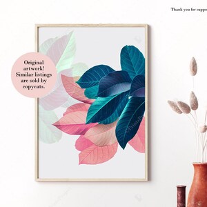 Plant Prints, Tropical Wall Art, Leaf Poster, Pink and Blue, Digital Download, Housewarming Gift, Apartment Decor, Bedroom Art, Botanical