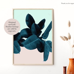 Ficus Elastica Print: Modern Pink and Blue Botanical Wall Art (Digital Download)