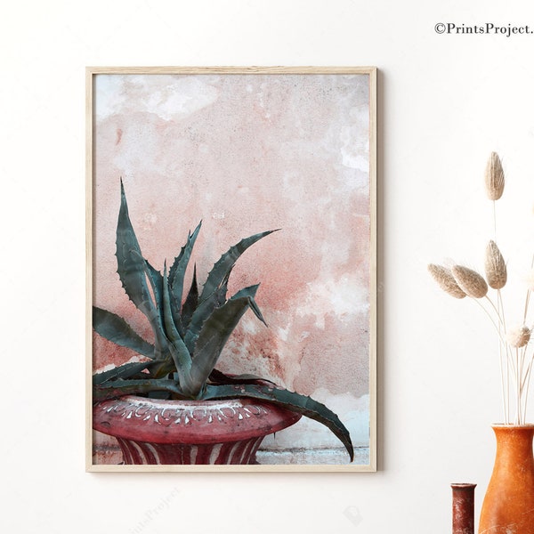 Botanical Wall Art, House Plant Print, Pink Cactus Art, Green Succulent, Boho Chic Decor, Digital Download, Tropical Poster, Dusty Pink Art