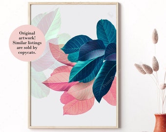 Plant Prints, Tropical Wall Art, Leaf Poster, Pink and Blue, Digital Download, Housewarming Gift, Apartment Decor, Bedroom Art, Botanical