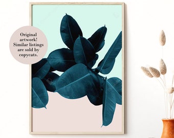 Tropical Leaf Print, Ficus Elastica Plant, Above Bed Decor, Modern Botanical Pink and Blue Wall Art, Digital Download