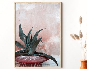 Botanical Wall Art, House Plant Print, Pink Cactus Art, Green Succulent, Boho Chic Decor, Digital Download, Tropical Poster, Dusty Pink Art