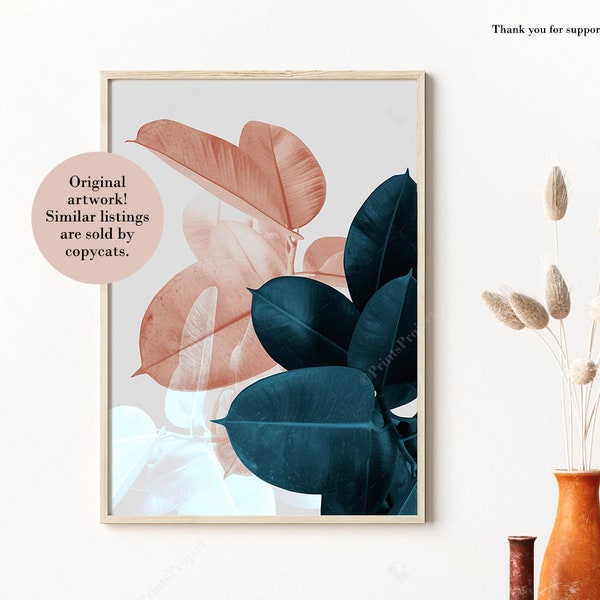 Blush Pink Leaves, Above Bed Wall Art, Wedding Gift, Blue Plant Print, Botanical Poster, Tropical Leaf, Digital Print Download Printable Art