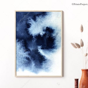 Indigo Blue Watercolor Print, Navy Blue Wall Art, Abstract Painting, Digital Download, Printable Gift Her, Living Room Decor, Large Poster image 1