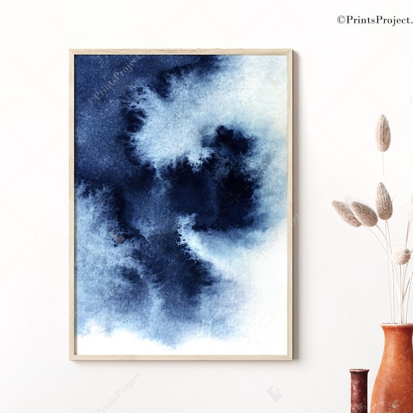 Indigo Blue Watercolor Print, Navy Blue Wall Art, Abstract Painting, Digital Download, Printable Gift Her, Living Room Decor, Large Poster