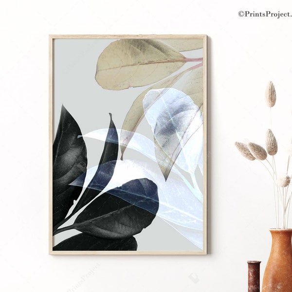 Trending Now Art, Modern Botanical Print, Black Leaf Poster, Guest Room Wall Art, Grey Leaves, Tropical Decor, Christmas Gift, Plant Photo