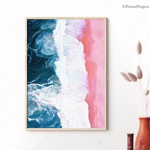 Aerial Beach Photography, Large Beach Poster, Wall Art Print, Coastal Beach Decor, Pink and Blue, Modern Printable Art, Abstract Ocean Waves