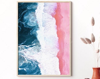 Aerial Beach Photography, Large Beach Poster, Wall Art Print, Coastal Beach Decor, Pink and Blue, Modern Printable Art, Abstract Ocean Waves