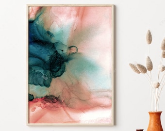 Pink and Blue Alcohol Ink Art, Watercolor Abstract Painting, Digital Download Prints, Bohemian Living Room Decor