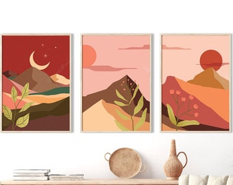 Abstract Mountain Print Set of 3, Boho Minimalist Landscape Wall Art, Mid Century Modern Living Room, Earthy Colors, Desert Digital Download