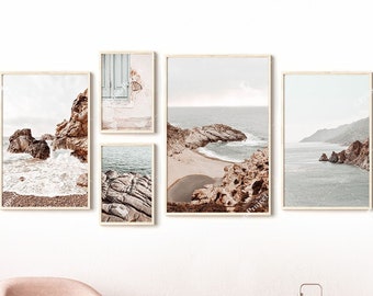 Neutral Coastal Wall Art Set of 5, Pastel Beach Prints, Ocean Waves, Modern Farmhouse Decor