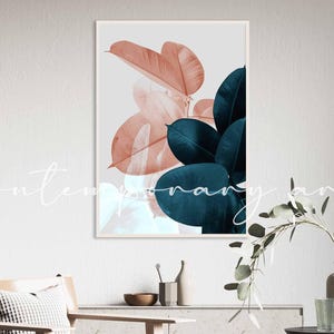 Rosa & blå tropiskt lövtryck, modern botanisk väggkonst, pastellfärgad poster (digital nedladdning)