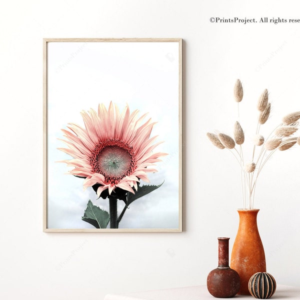 Flower Print, Blush Pink Wall Art, Sunflower, Floral Poster, Pale, Digital Download, Boho Sister Gift, Girls Nursery Decor, Shabby Chic