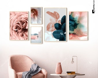 Pink and Green Gallery Wall Art Set: Tropical, Abstract (Digital Download)