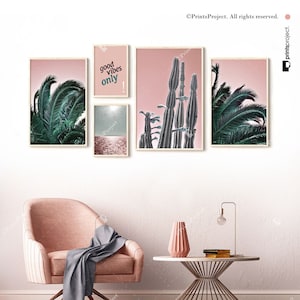 Boho Gallery Wall Art Set: Pink, Green, Tropical Prints (Digital Download)
