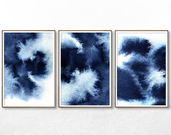 Indigo Blue Set of 3 Prints, Digital Download, Navy Blue Abstract Art, Watercolor Painting, Large Modern Poster, Above Bed, Boho Chic Decor