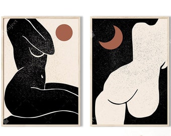 Nude Female Body Print, Black and Beige Bedroom Wall Art Set of 2, Mid Century Modern Digital Download, Naked Woman Art, Female Butt