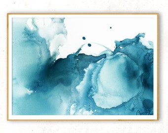 Abstract Teal Print, Horizontal Wall Art, Modern Blue Poster, Mint Green Decor, Christmas Gift Wife, Watercolor Art, Digital Download