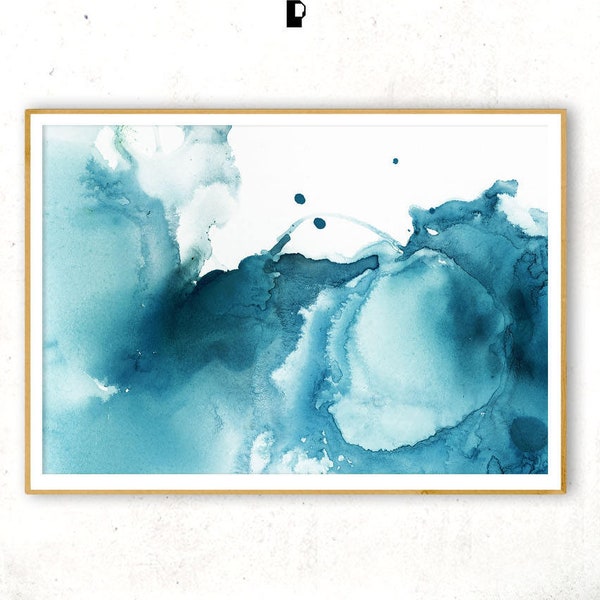 Abstract Teal Print, Horizontal Wall Art, Modern Blue Poster, Mint Green Decor, Christmas Gift Wife, Watercolor Art, Digital Download