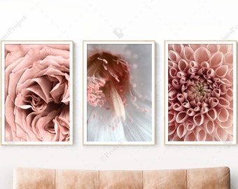 Pink Set of Wall Art, Flower Photography Prints Download, Floral Wall Decor for Girls Bedroom, Dahlia Art, Peony Print
