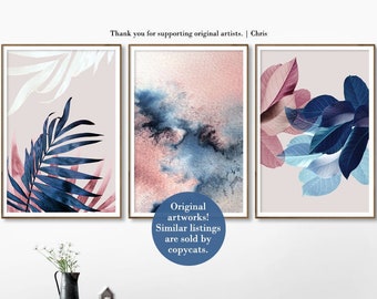 Set of 3 Wall Art, Botanical Prints, Navy Blue Leaf, Blush Pink Decor, Abstract Watercolor, Digital Download, Tropical Poster, Plant Prints