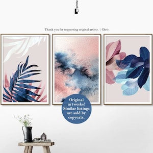 Set of 3 Wall Art, Botanical Prints, Navy Blue Leaf, Blush Pink Decor, Abstract Watercolor, Digital Download, Tropical Poster, Plant Prints