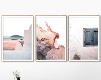 Set of 3 Prints, Blush Pink Abstract Painting, Architectural Prints, Abandoned Photography, Digital Download, Light Blue, 3 Piece Wall Art