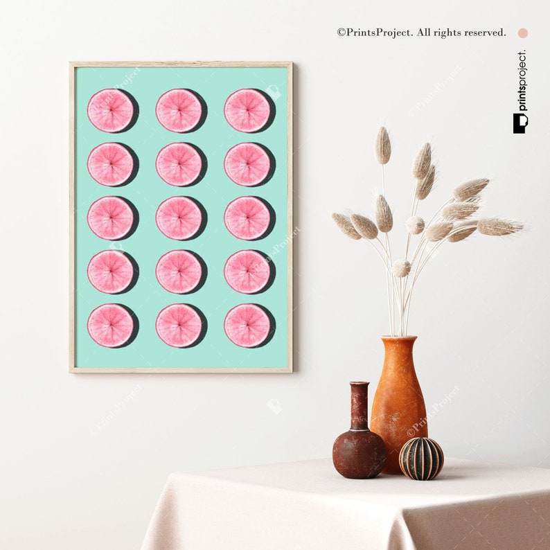 Pink and Blue Kitchen Wall Art, Digital Download, Fruits Print, Citrus Decor, Printable Poster, Vegan Gift, Half Slice, Grapefruit Art image 1