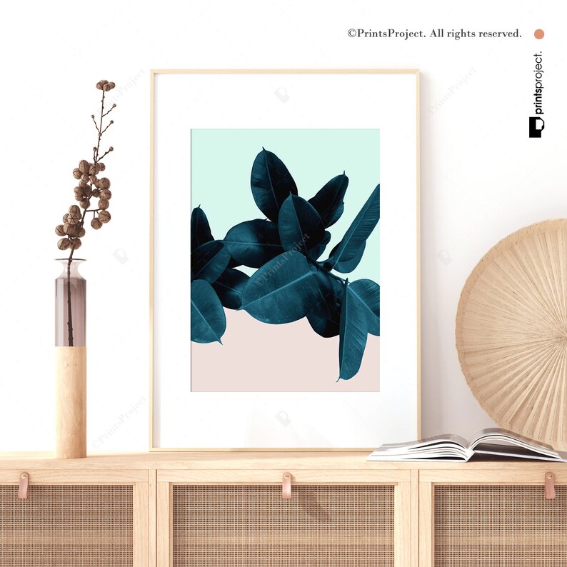 Tropical Leaf Print, Ficus Elastica Plant, Above Bed Decor, Modern Botanical Pink and Blue Wall Art, Digital Download image 2