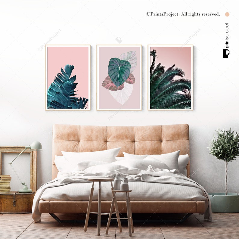 Green Banana Leaves on Pink. Tropical Triptych
