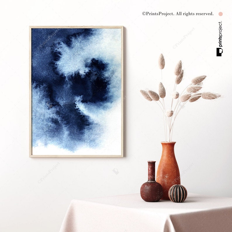 Indigo Blue Watercolor Print, Navy Blue Wall Art, Abstract Painting, Digital Download, Printable Gift Her, Living Room Decor, Large Poster image 1