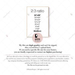 K&ouml;nnte beinhalten: Ein wei&szlig;er und rosa digitaler druckbarer Kunstdruck mit dem Text "2:3 ratio" und einer Liste verschiedener Gr&ouml;&szlig;en in Zoll und Zentimetern. Der Text "Meine Dateien sind von hoher Qualit&auml;t und k&ouml;nnen nicht gezippt werden, sie &uuml;berschreiten die Upload-Grenze von Etsy. Wenn Sie eine bestimmte Dateigr&ouml;&szlig;e f&uuml;r Ihre Rahmen ben&ouml;tigen, wenden Sie sich bitte vor dem Kauf an mich!" ist ebenfalls enthalten. Der Text "Prints Project. All rights reserved." befindet sich am unteren Rand des Drucks.