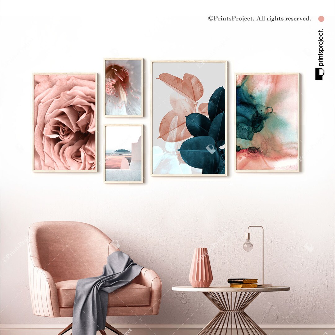 Pink and Green Gallery Wall Set of 5, Tropical Leaf Print, Abstract ...