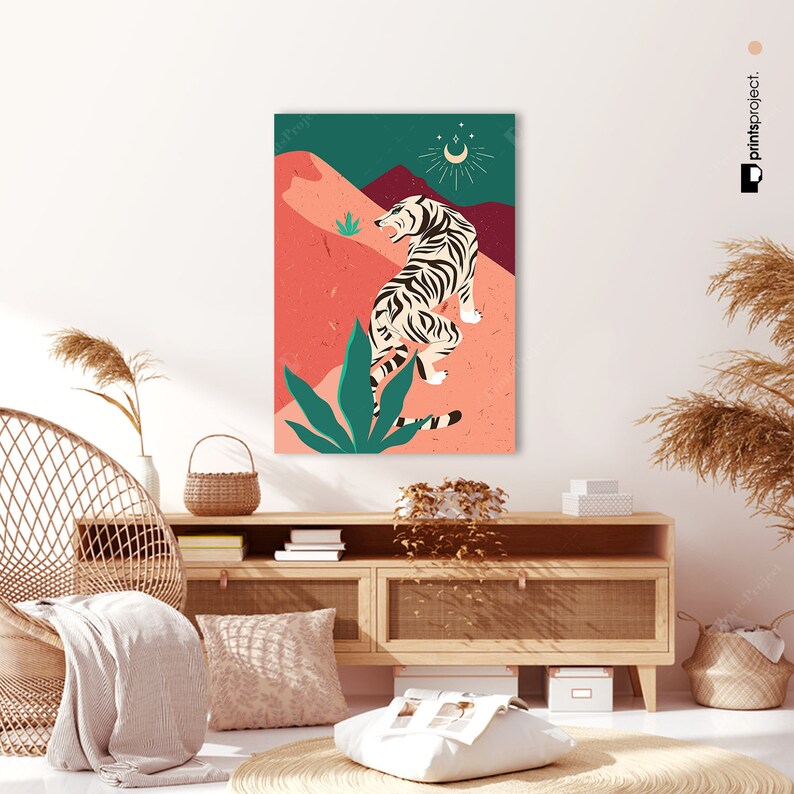 Tiger Illustration, Terracotta Animal Print, Burnt Orange Boho Bedroom Decor, Digital Download, Big Cat Print, Abstract Mountain Print image 5