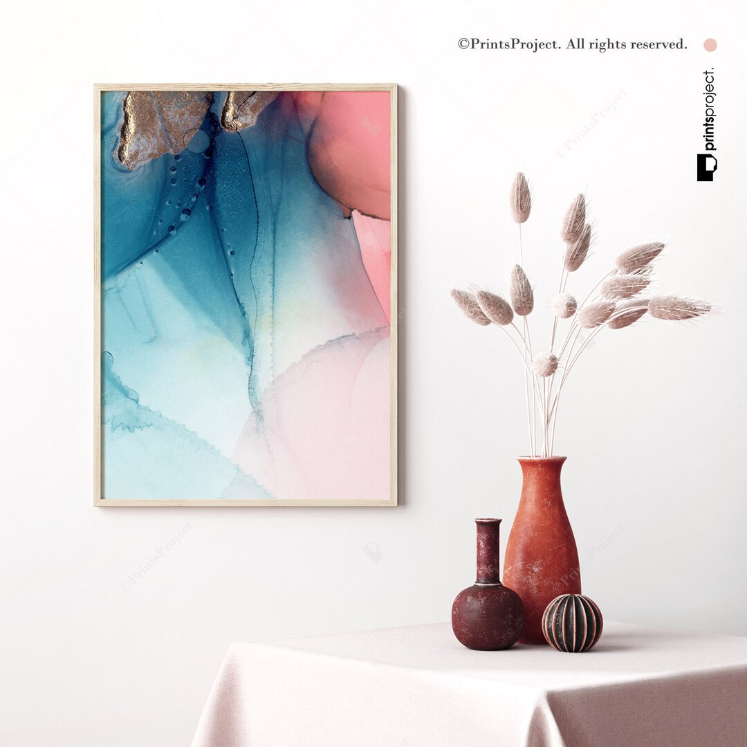 Blue Pink Abstract Print, Navy Blush Wall Art, Digital Download ...