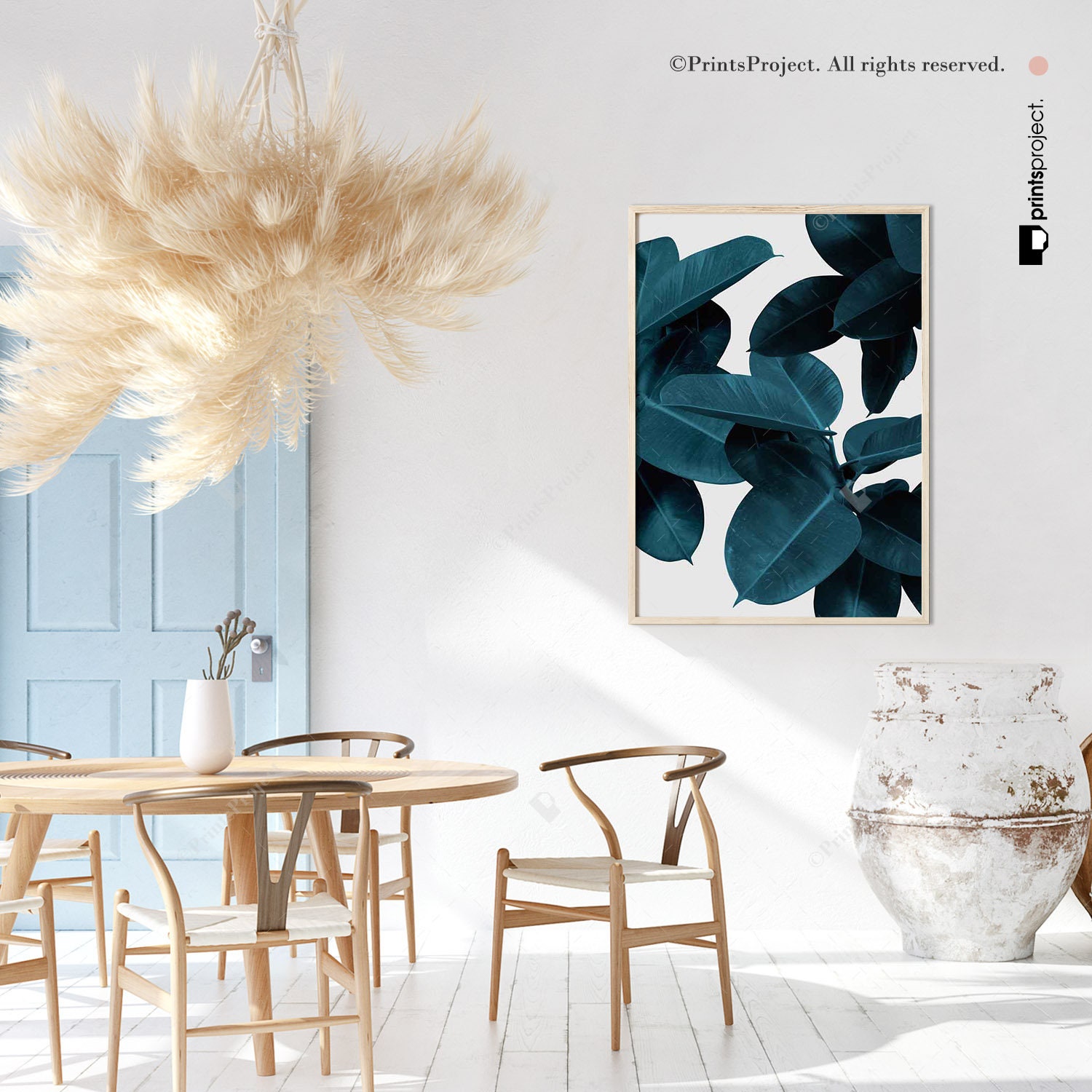 Blue Leaves Wall Art Tropical Leaf Print Above Couch Wall Etsy UK